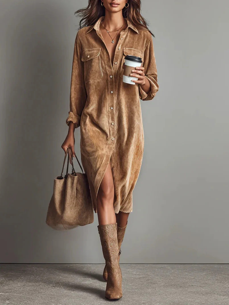Women's Corduroy Shirt Dress – Asymmetrical Midi Skirt
