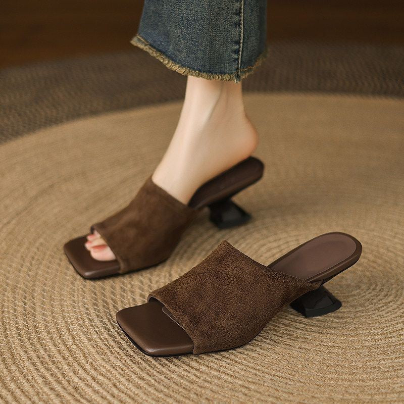 Women's Heeled Slide Sandal – Square Toe Faux Suede