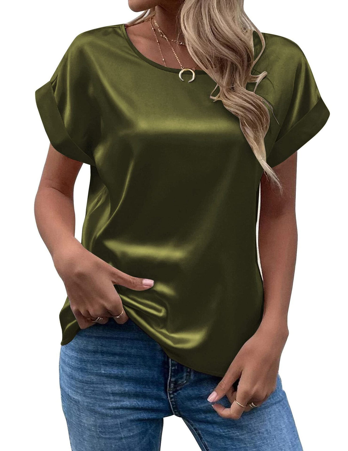 Women's Short-Sleeve Blouse – Wide Cuff Crew Neck