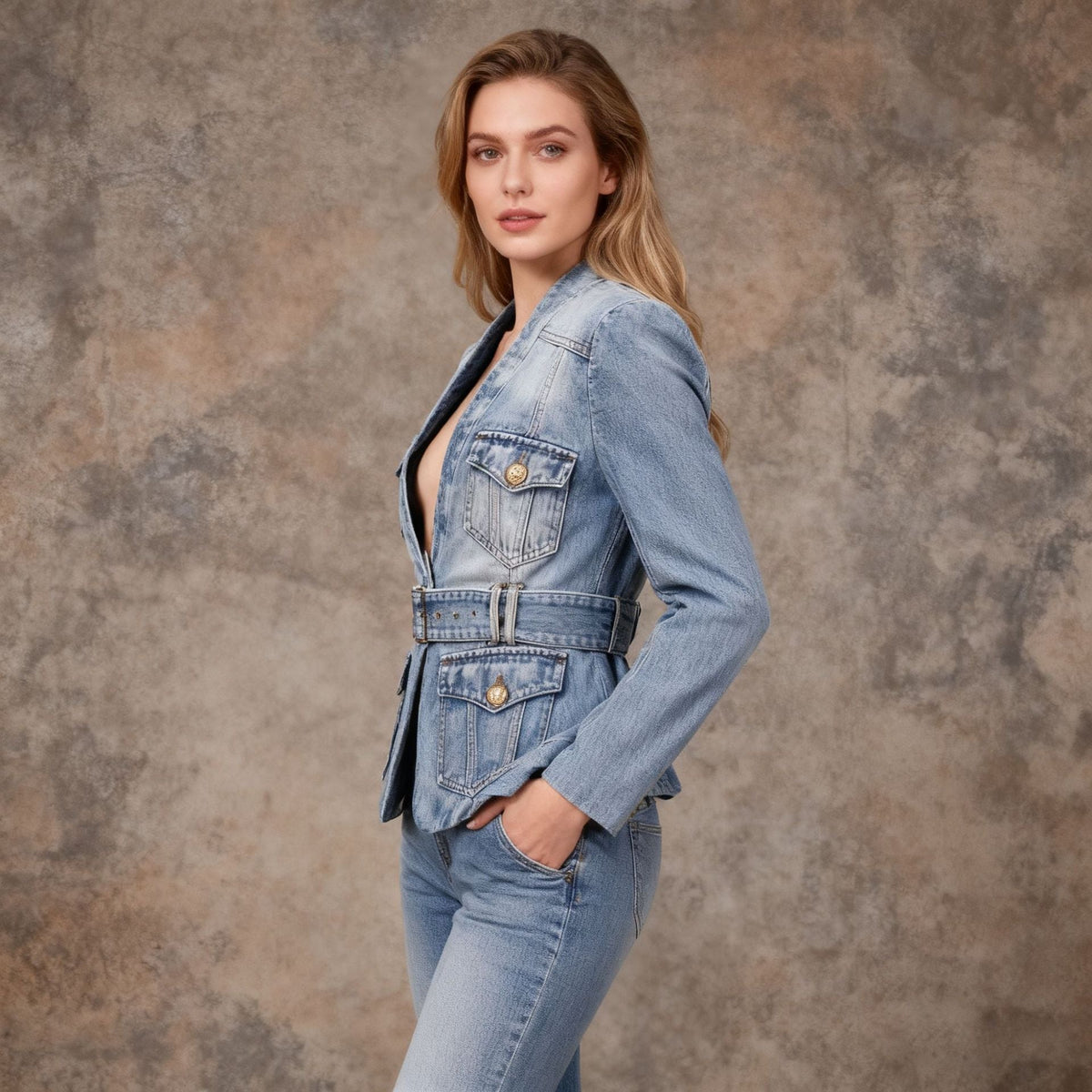 Women's Distressed Denim Blazer – Belted Fitted Cut