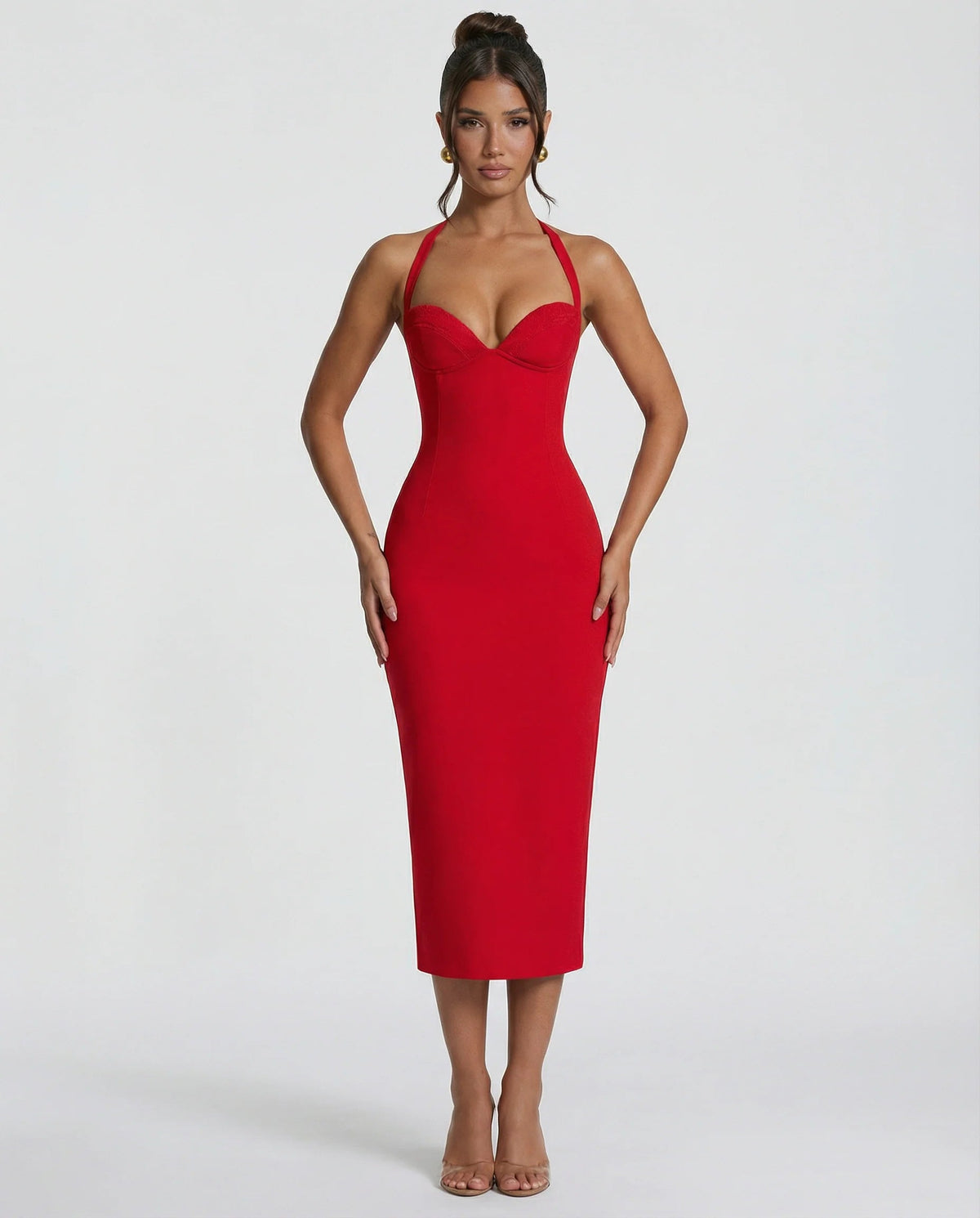 Women's Halter Midi Dress – Structured Back-Slit Cut