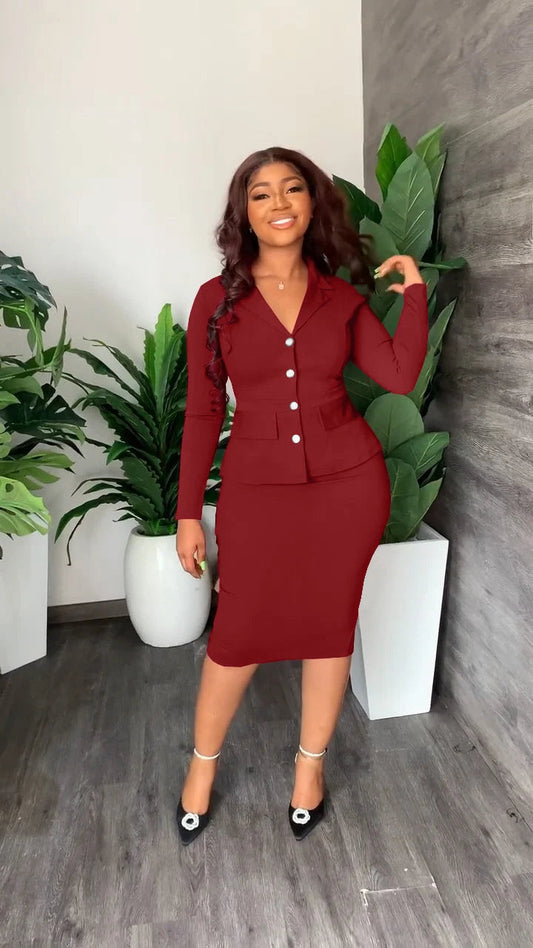 Women's Blazer and Midi Skirt Set – Shirt Collar Tailored