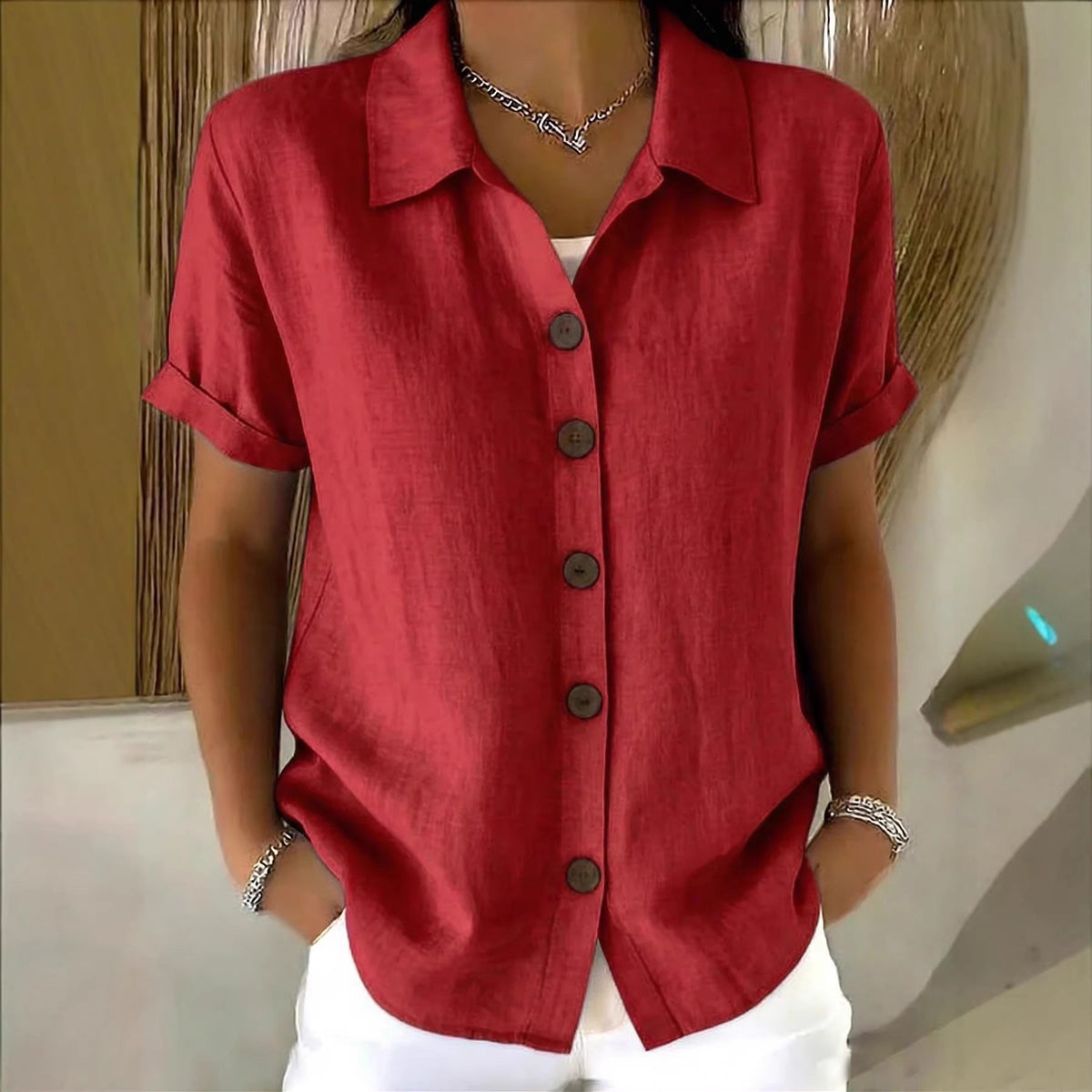 Women's Linen-Blend Shirt – Short Sleeve Button Front