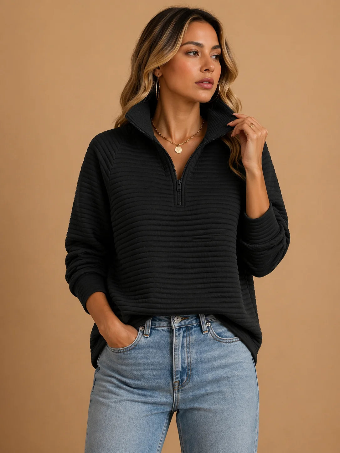 Women's Ribbed Knit Sweater – Zip Mock Neck