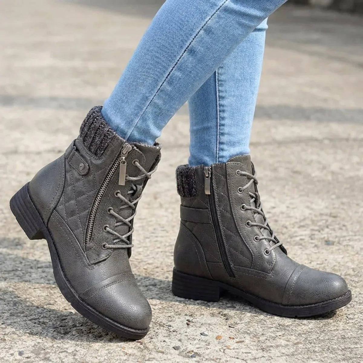 Women's Lace-Up Ankle Boots – Side Zip Block Heel