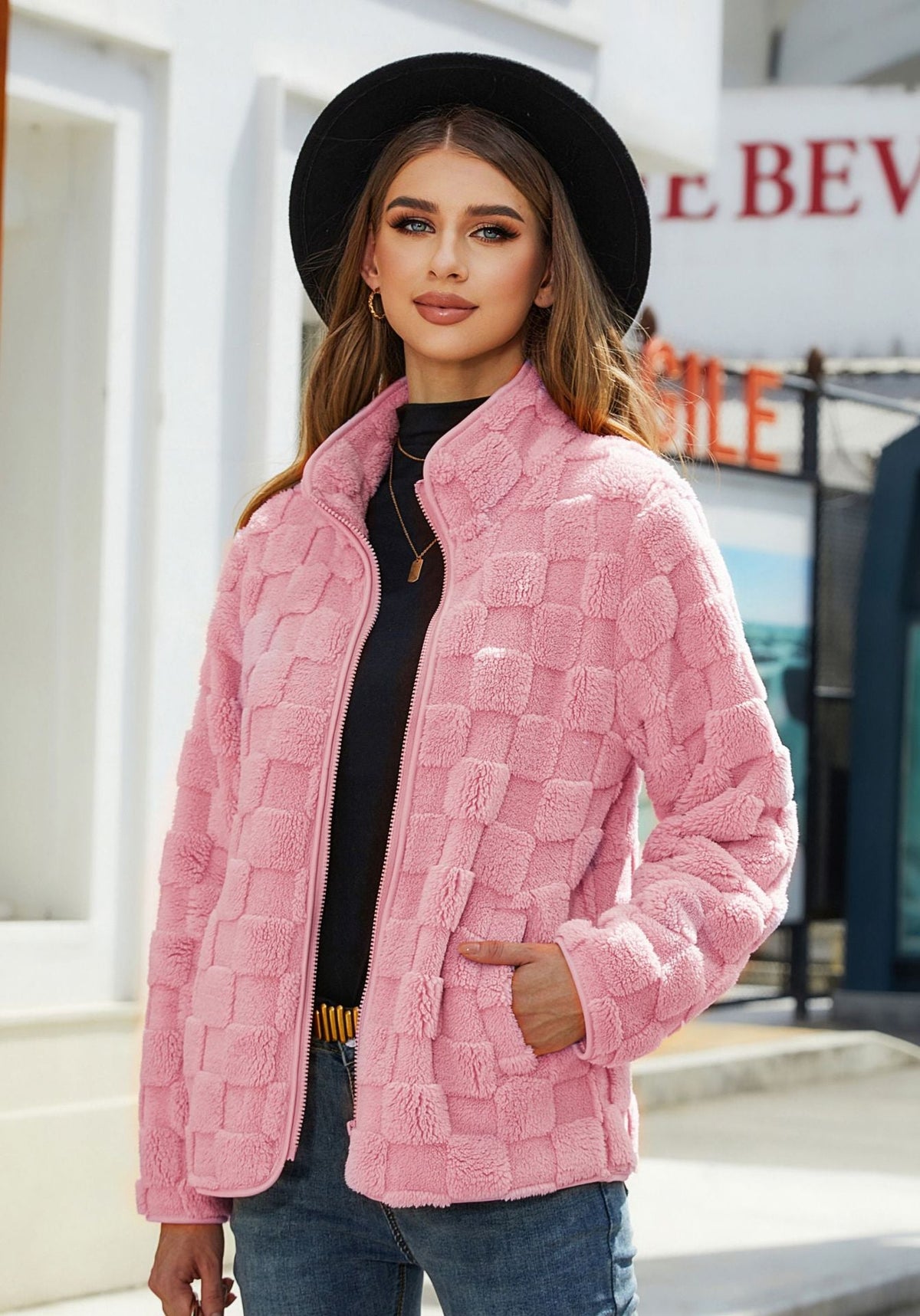 Women's Plush Check Coat – Relaxed Loose Fit