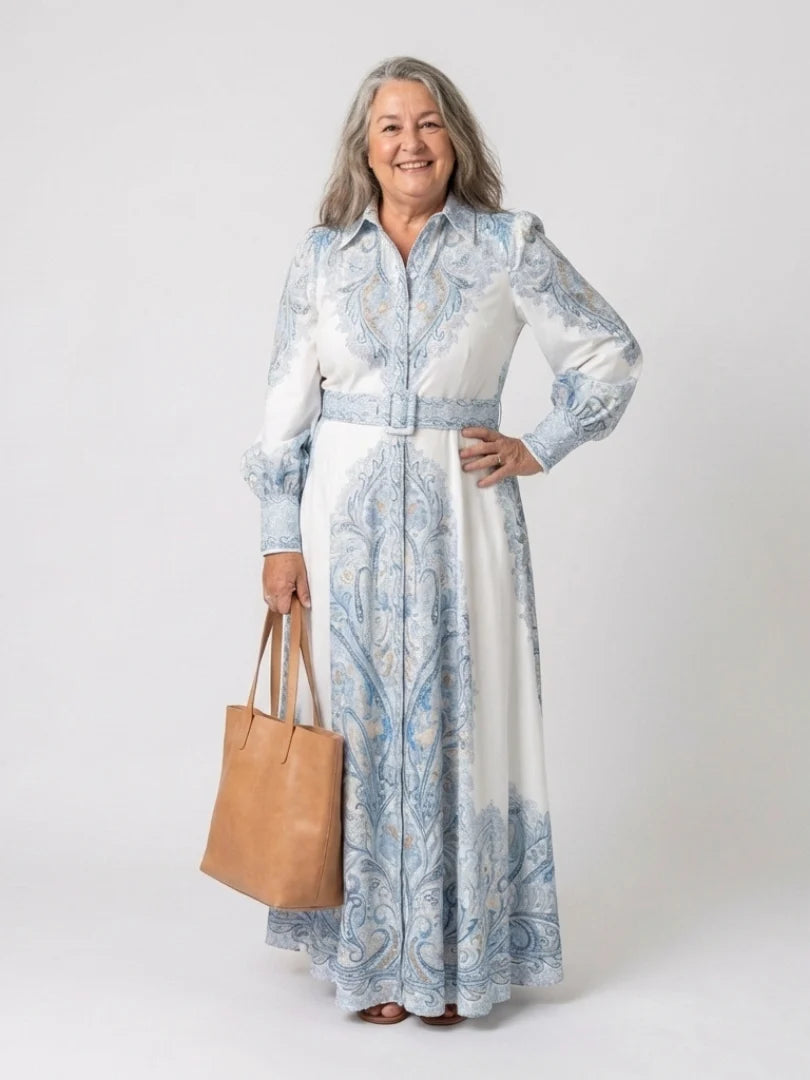 Women's Lapel Maxi Dress – Lantern Sleeve A-Line