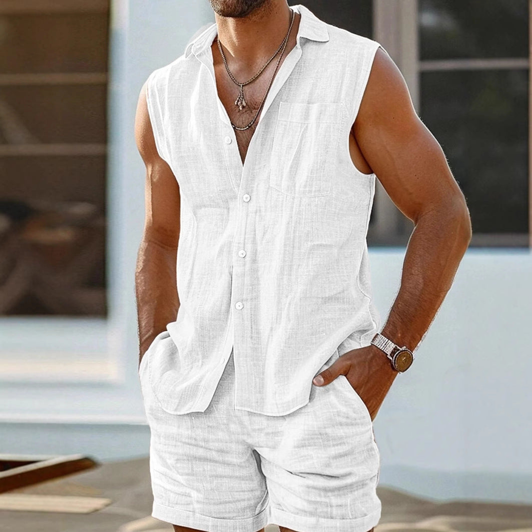 Men's Cotton-Linen Vest – Open-Front Stand Collar