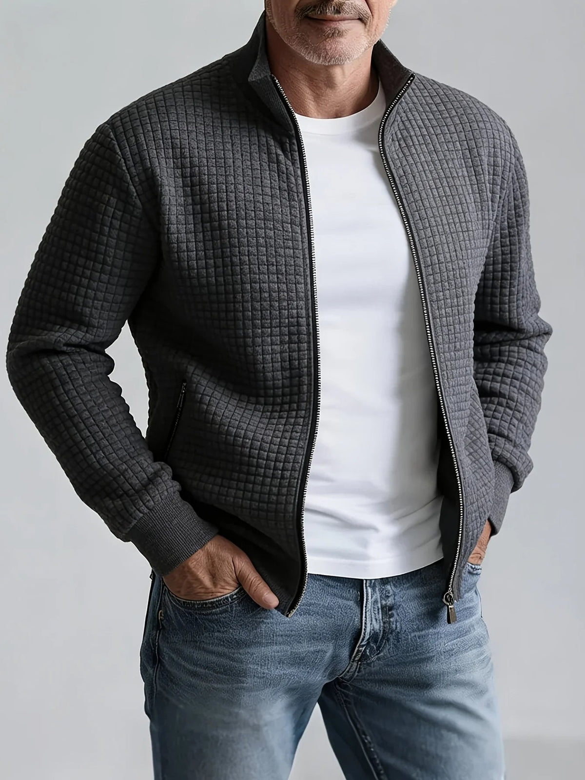 Men's Jacquard Zip-Up Jacket – Stand Collar Sporty Fit