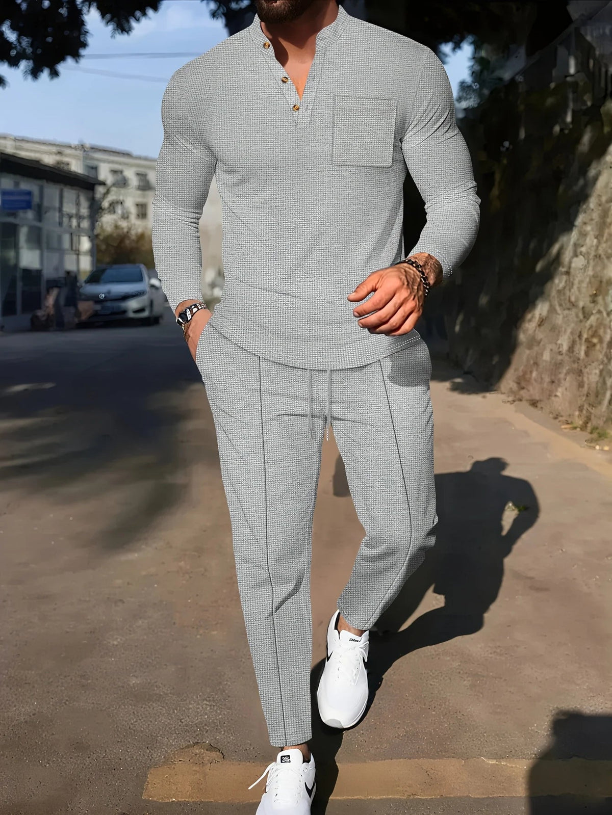 Men's Waffle-Knit Two-Piece Set – Henley and Drawstring Pants