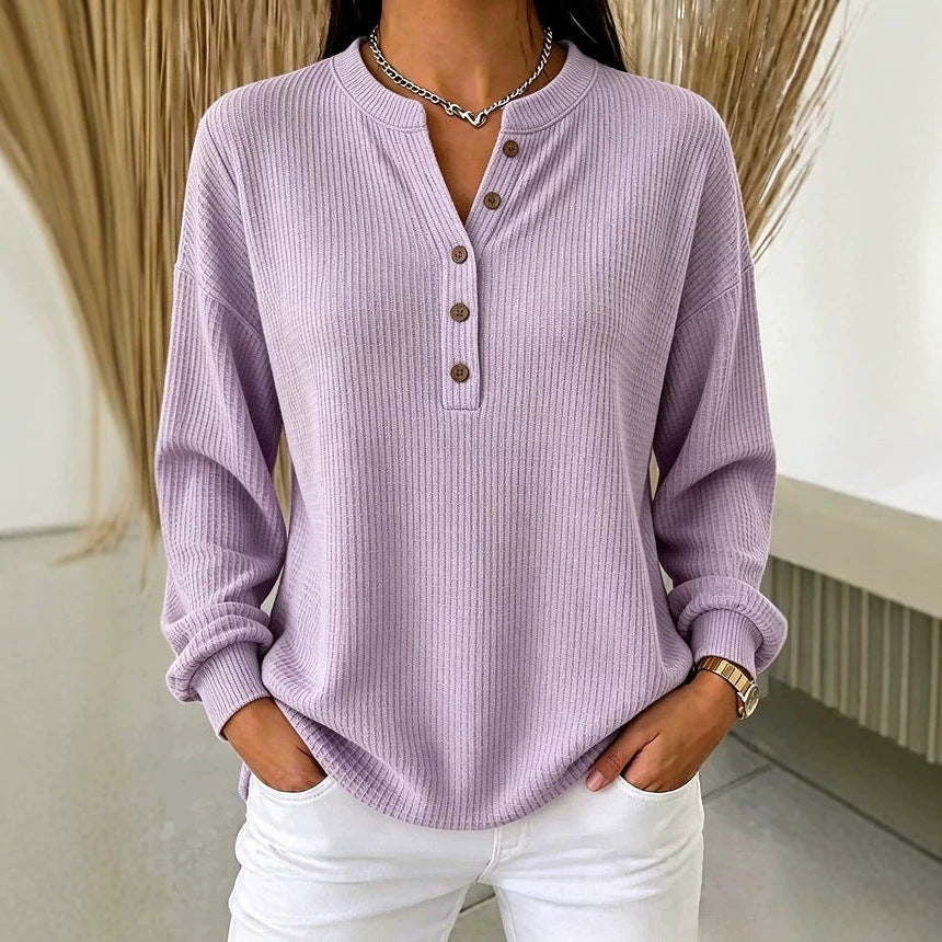 Women's Ribbed Henley Top – Relaxed Long Sleeve