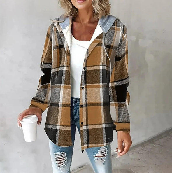 Women's Hooded Plaid Jacket – Relaxed Button Front