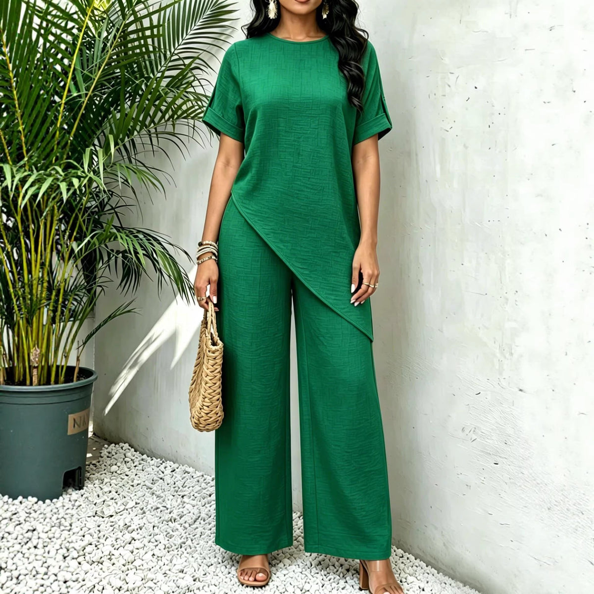 Women's Two-Piece Set – Longline Top and Wide-Leg Pants
