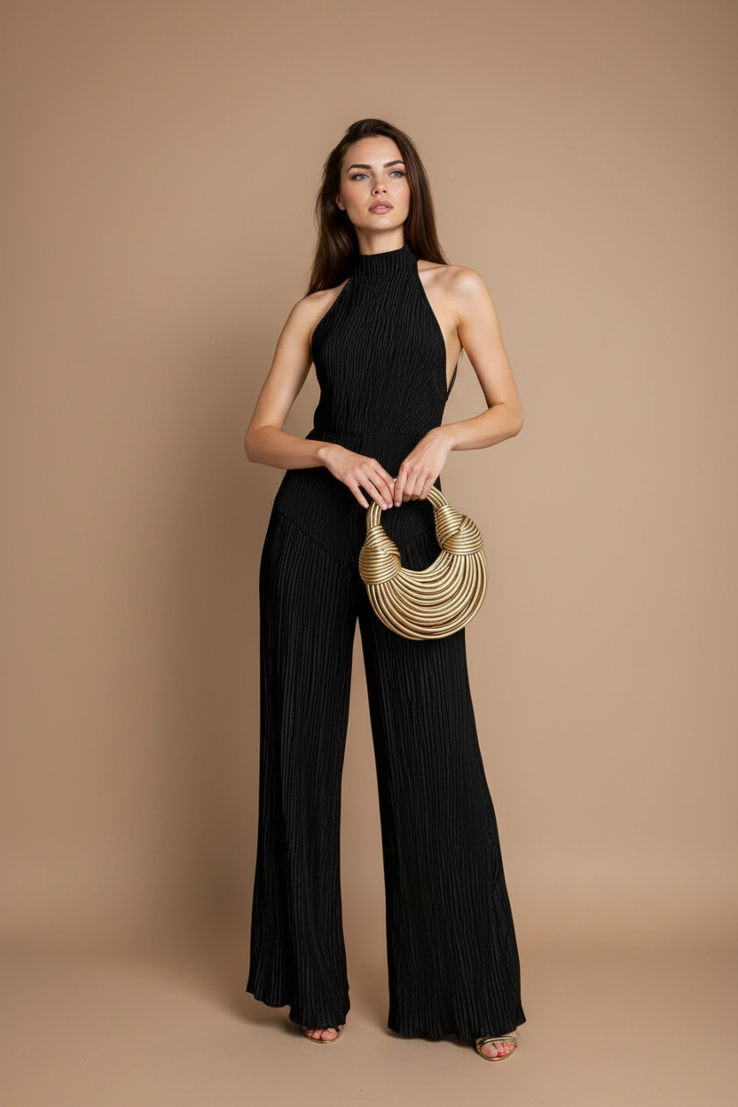 Women's Pleated Two-Piece Set – One-Shoulder Top and Wide Pants