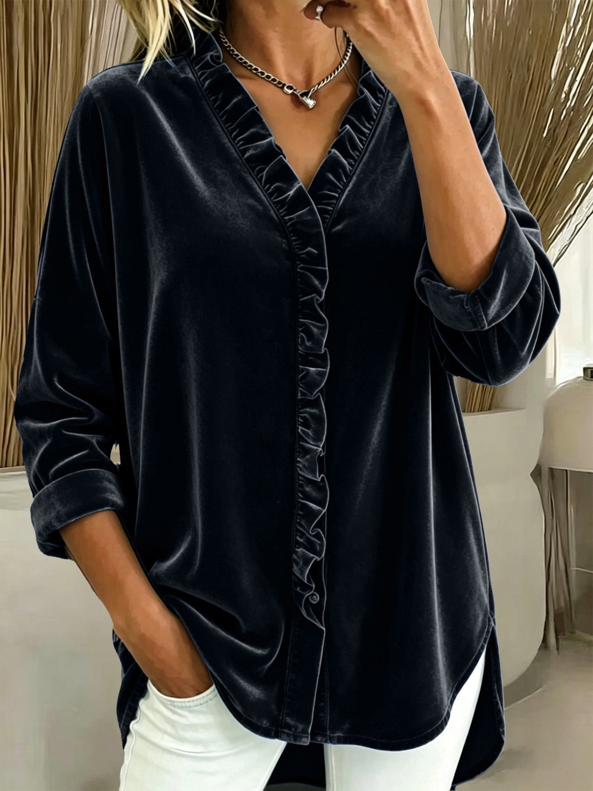 Women's Ruffle Collar Blouse – V-Neck Long Sleeve
