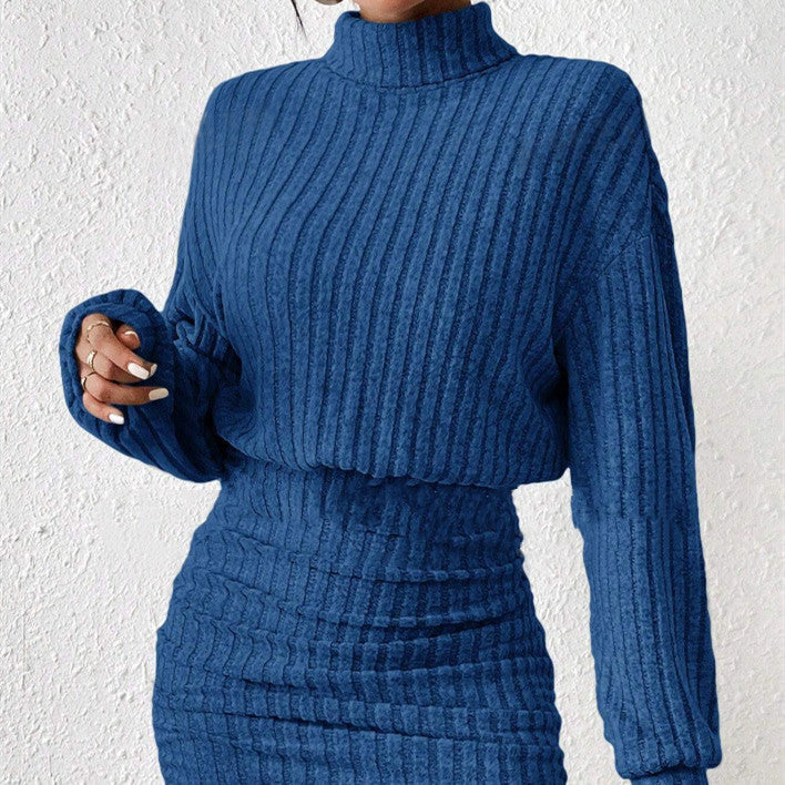 Women's Ribbed Knit Two-Piece Set – High Neck Top & Skirt