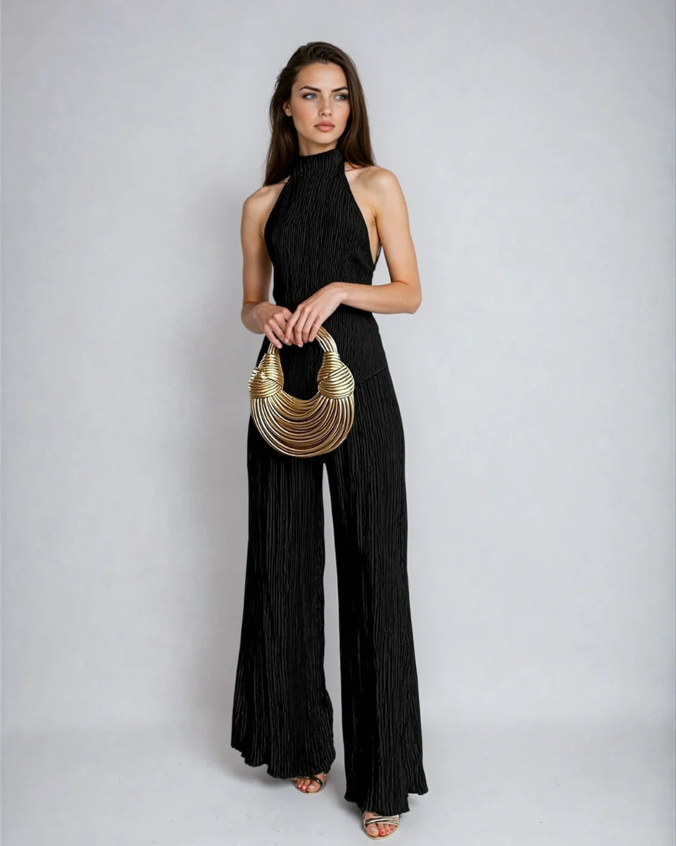 Women's Pleated Two-Piece Set – Off-Shoulder Top & Pants