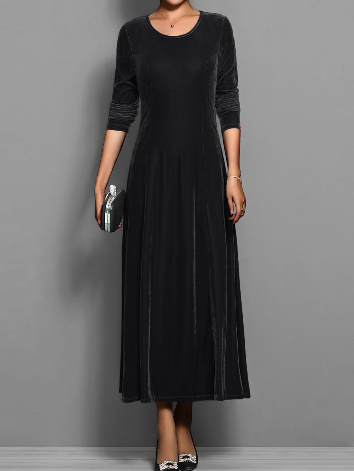 Women's Velvet Maxi Dress – A-Line Three-Quarter Sleeve