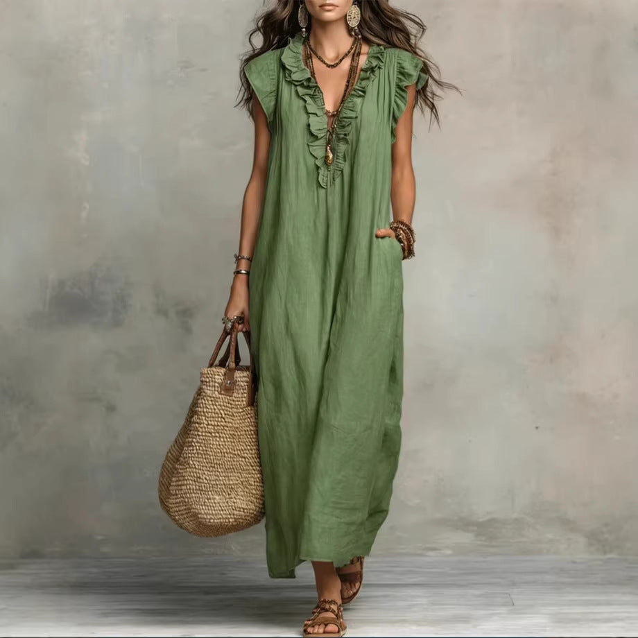 Women's Sleeveless Maxi Dress – Ruffle Trim with Pockets
