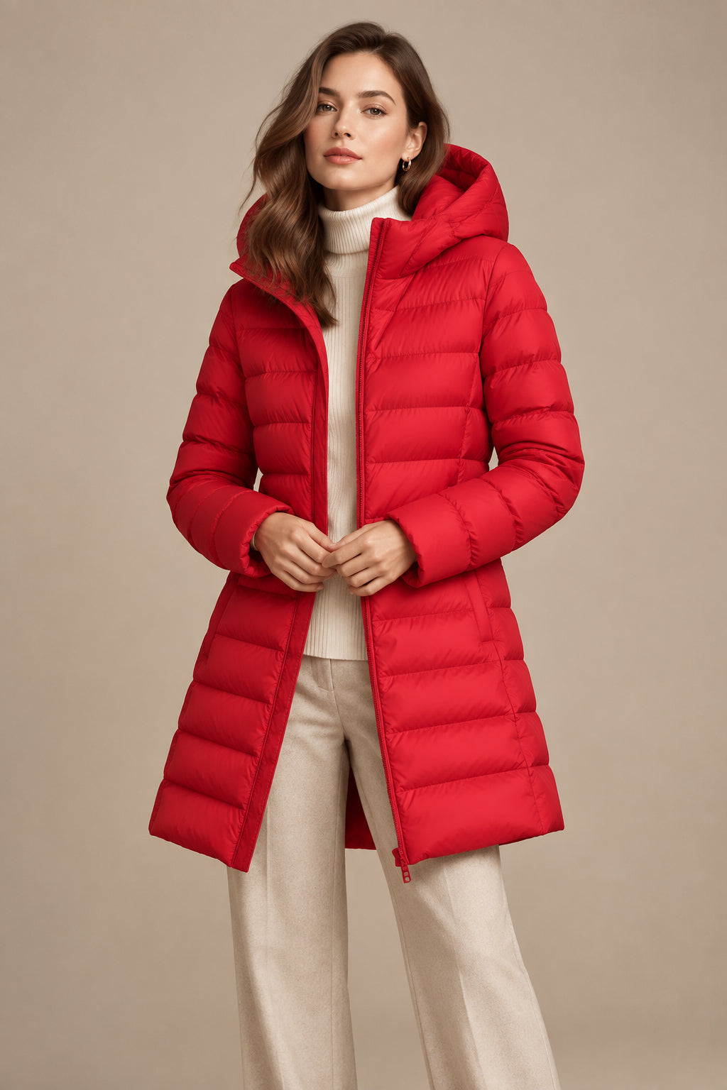 Women's Down Hooded Jacket – Slim Mid-Length Fit