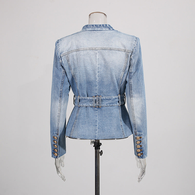 Women's Distressed Denim Blazer – Belted Fitted Cut