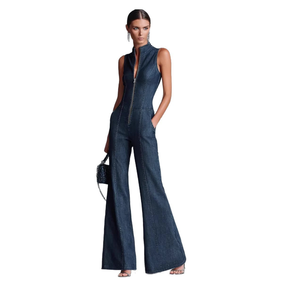 Women's Denim Jumpsuit – Sleeveless High Neck Zip Front