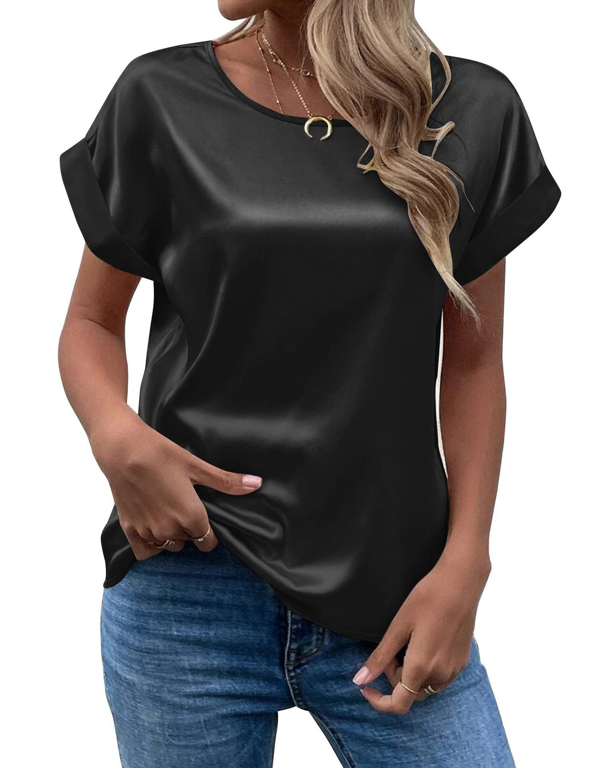 Women's Short-Sleeve Blouse – Wide Cuff Crew Neck