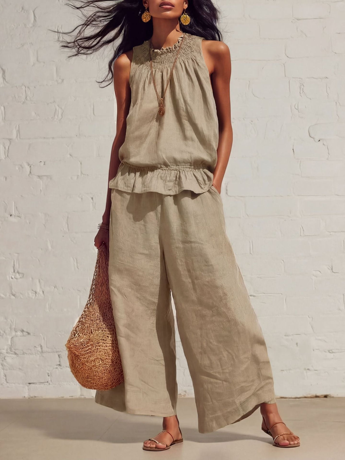 Women's Two-Piece Set – Ruffle Vest & Straight Pants