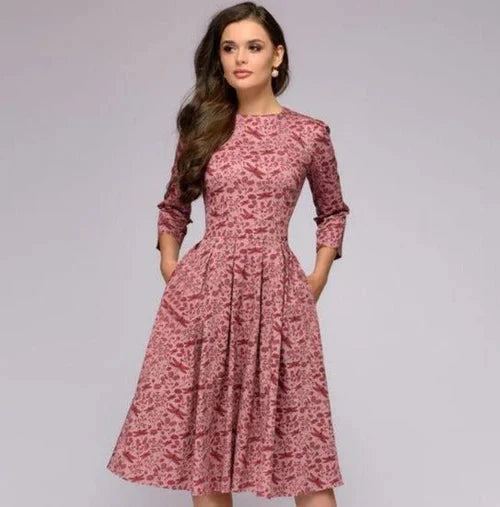 Women's Printed Midi Dress – Pleated Flared Skirt