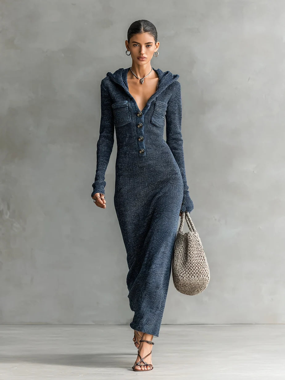Women's Hooded Knit Maxi Dress – Fitted Ribbed Silhouette