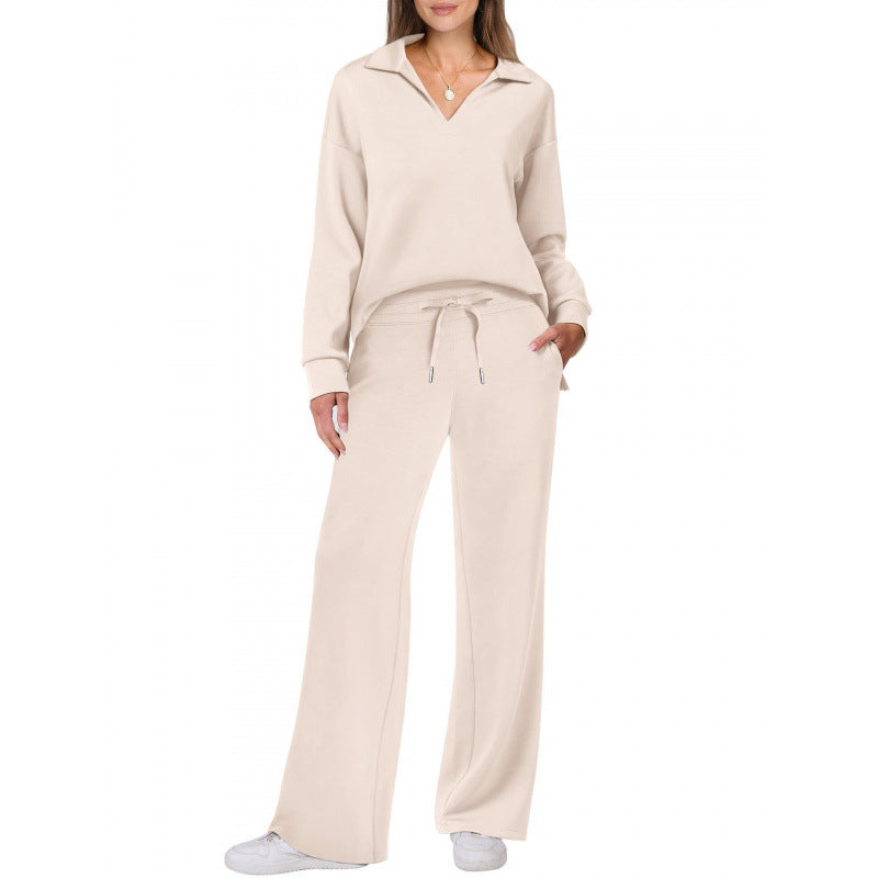Women's Two-Piece Set – V-Neck Top and Straight Pants