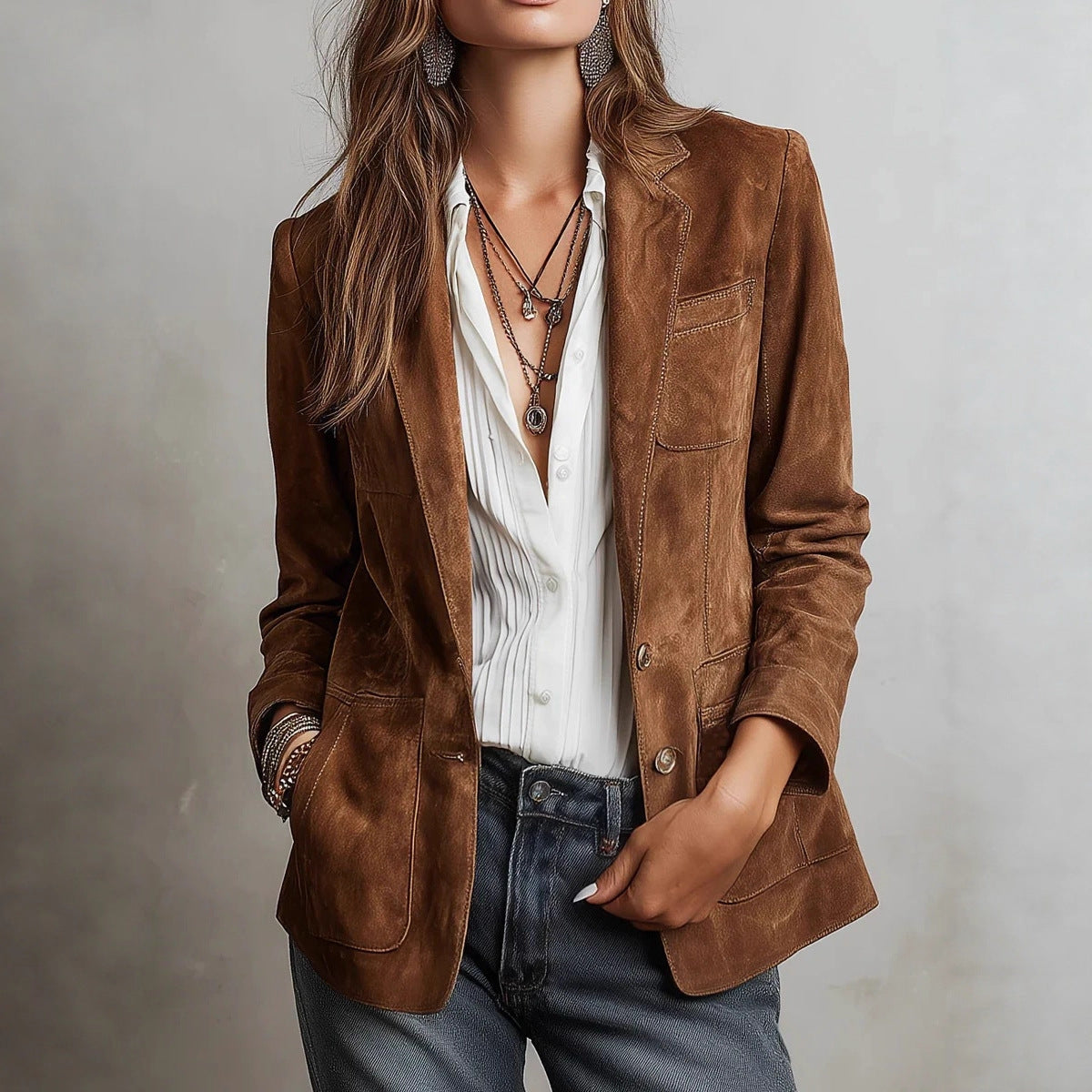 Women's Faux Suede Jacket – Relaxed Single-Breasted Fit
