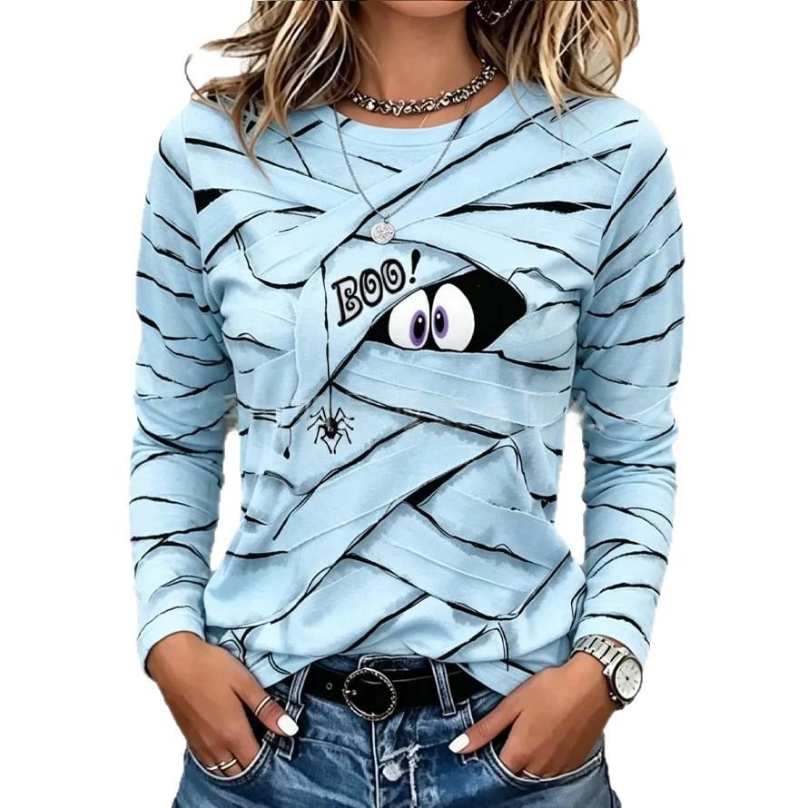 Women's Printed Long-Sleeve Top – Relaxed Crew Neck