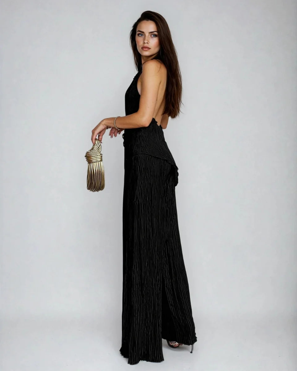 Women's Pleated Two-Piece Set – Off-Shoulder Top & Pants