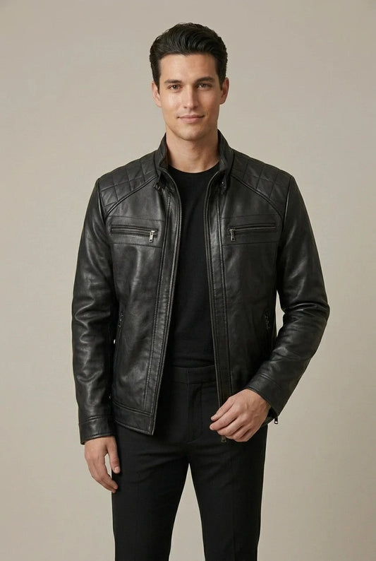 Men's Faux Leather Jacket – Stand Collar Zip Front