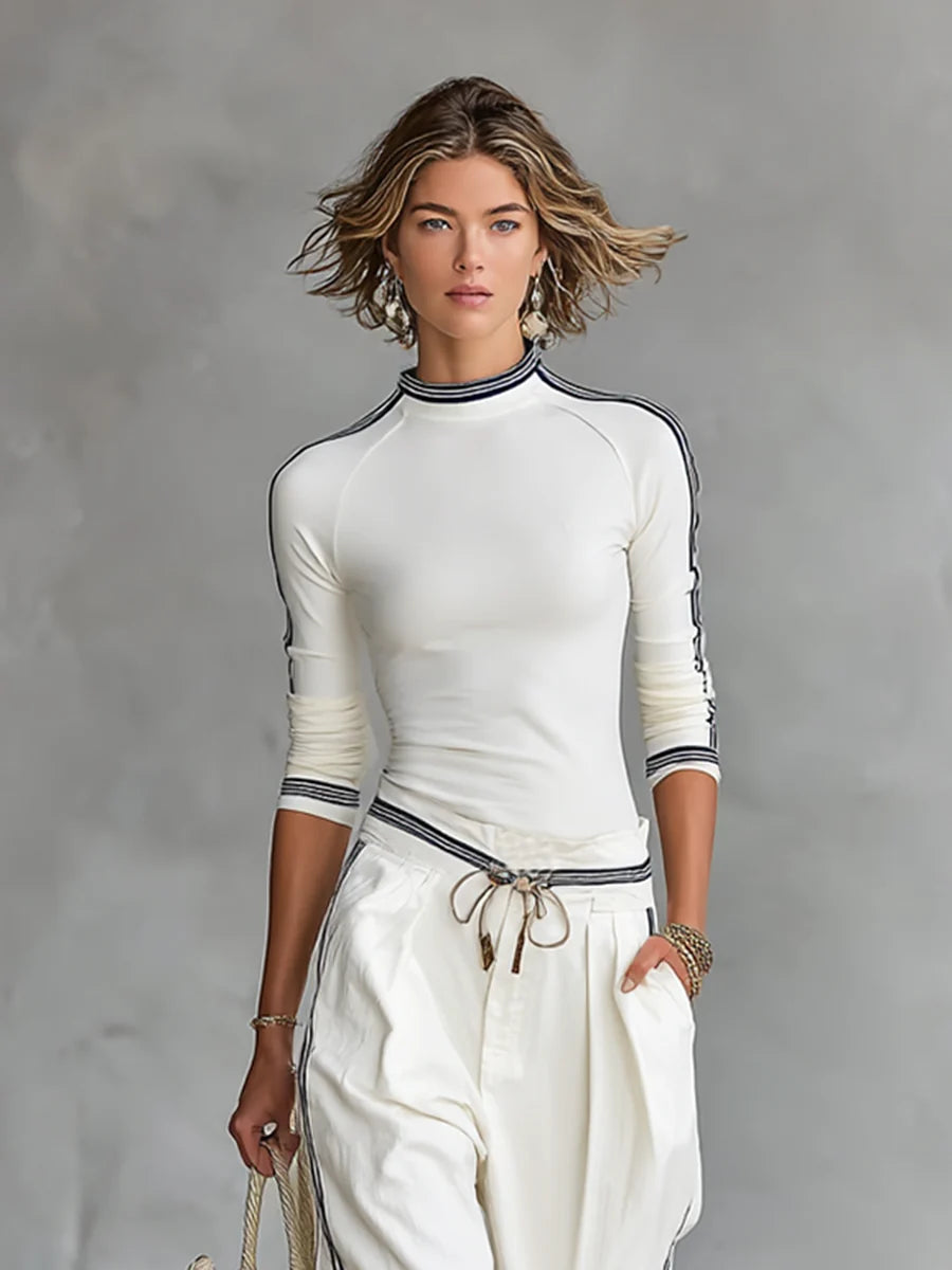 Women's Two-Piece Set – Contrast Trim Wide-Leg