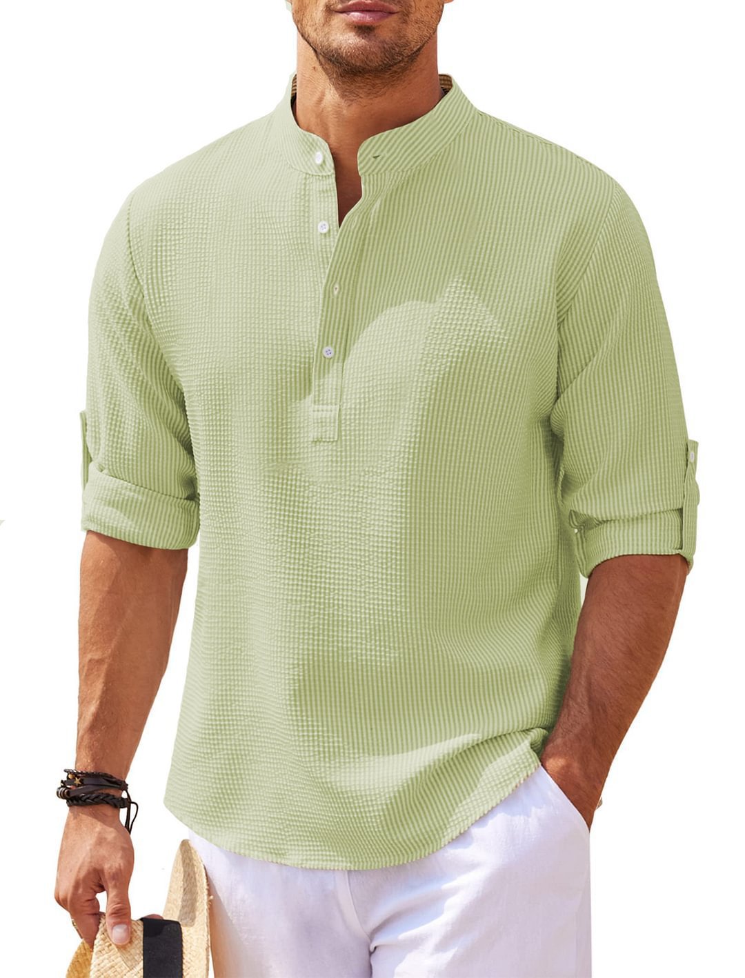Men's Textured Button-Up Shirt – Stand Collar Regular Fit
