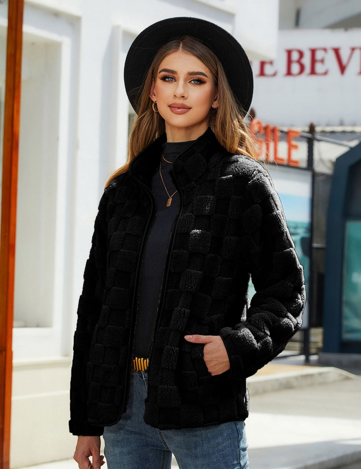 Women's Plush Check Coat – Relaxed Loose Fit