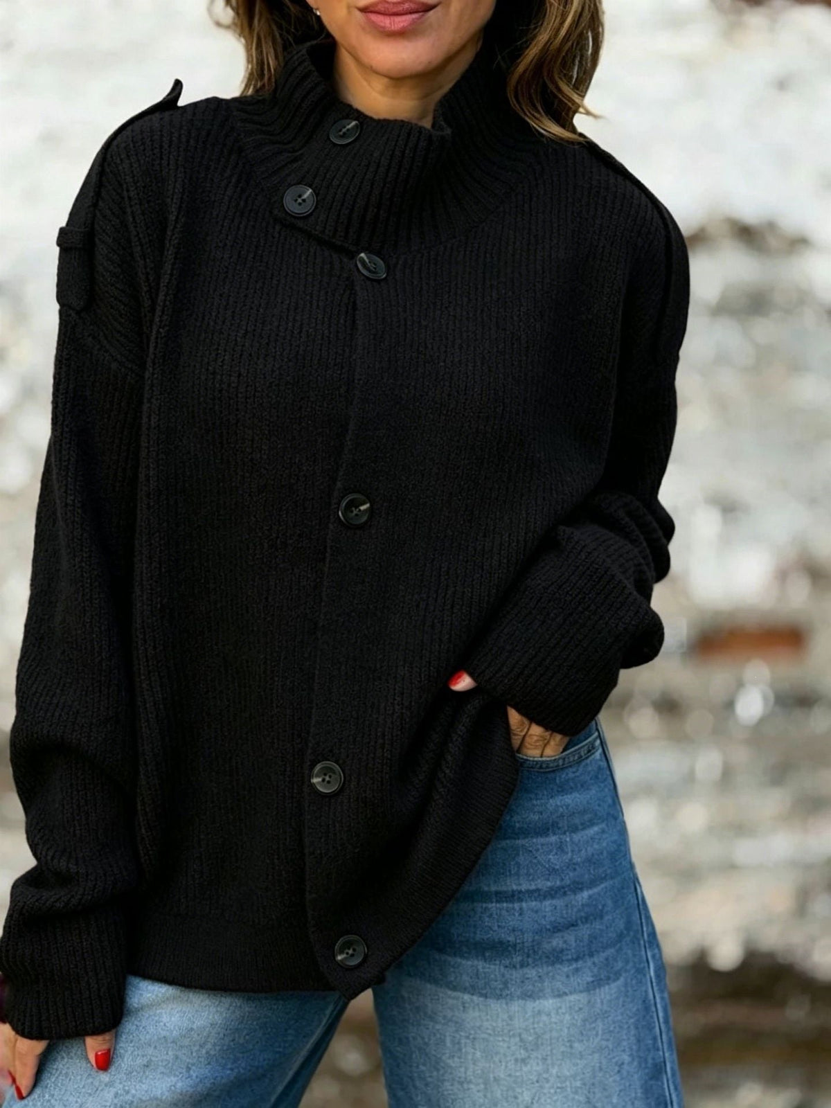 Women's Turtleneck Knit Cardigan – Hip-Length Button Front