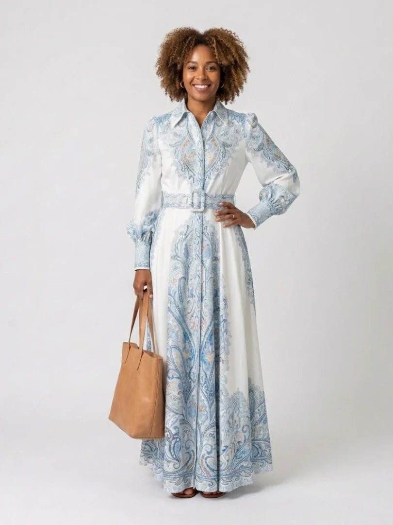 Women's Lapel Maxi Dress – Lantern Sleeve A-Line