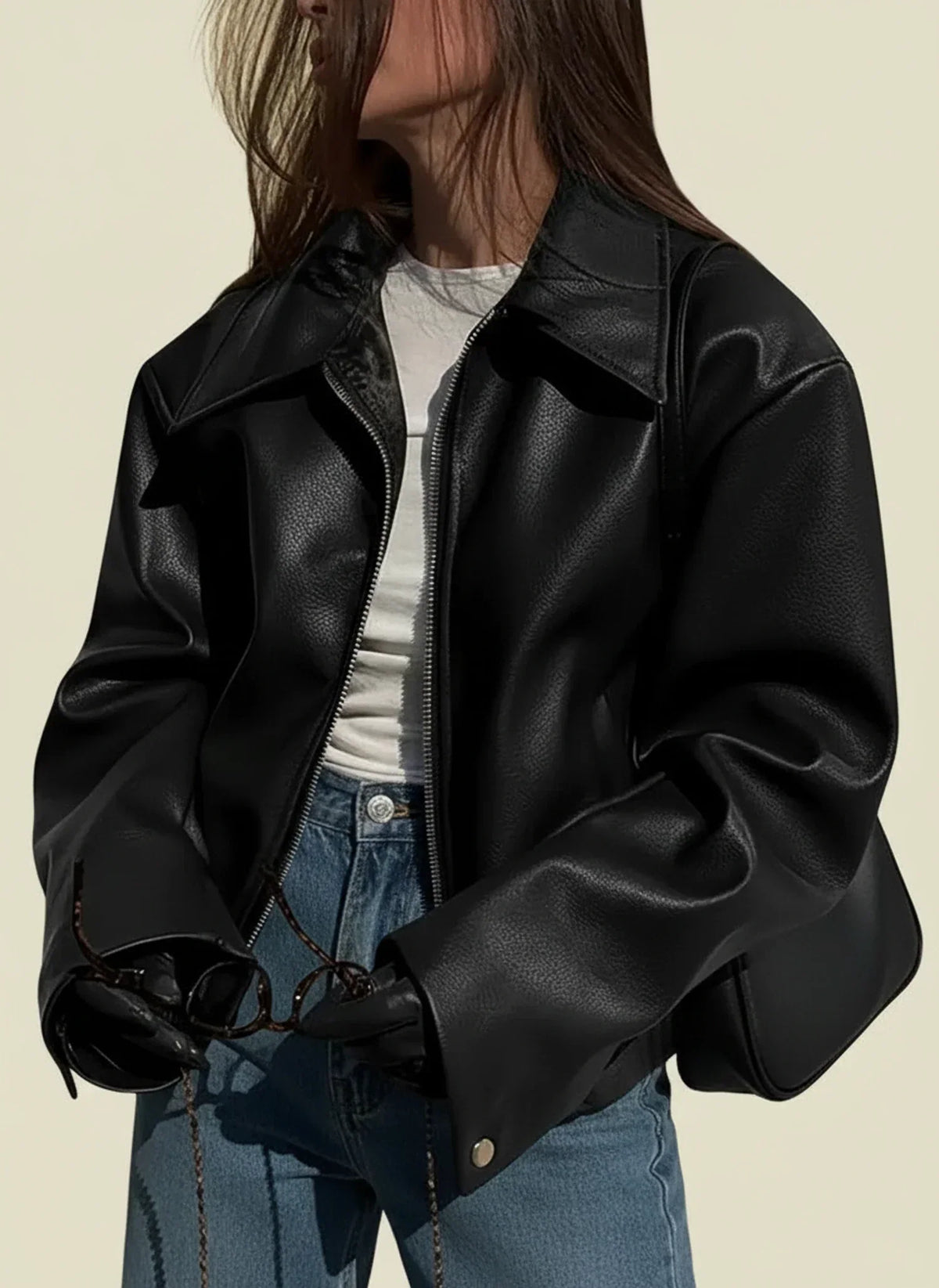 Women's Leather-Look Jacket – Relaxed Zip-Front Fit