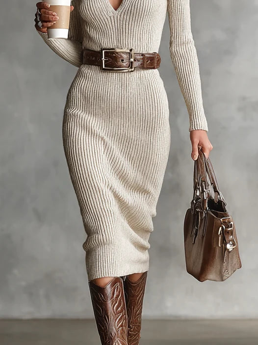 Women's Knit Midi Dress – Belted Long-Sleeve Fit