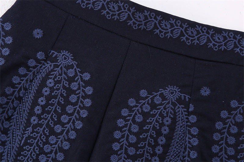 Women's Wide-Leg A-Line Shorts – High-Waisted Embroidered