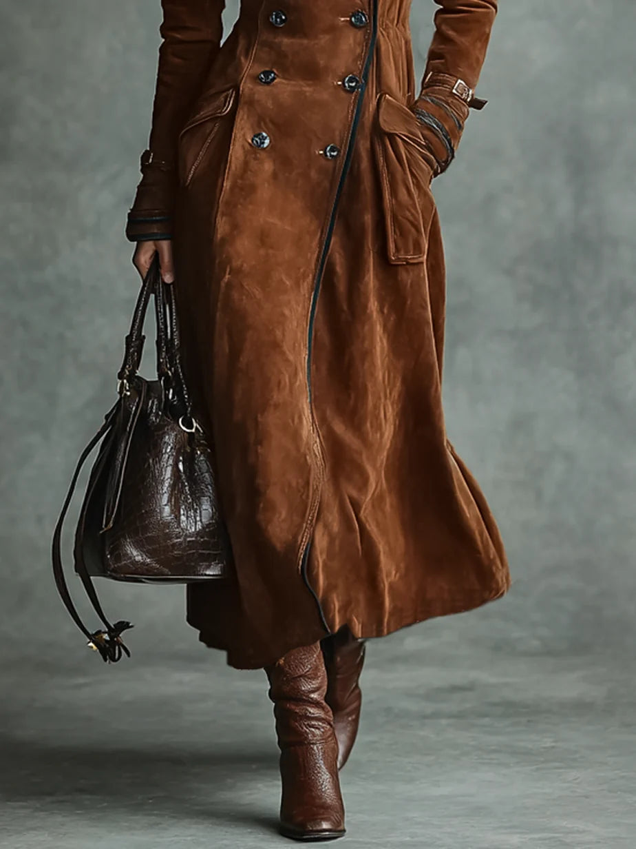 Women's Suede-Look Longline Coat – Tailored Lapel Open Front