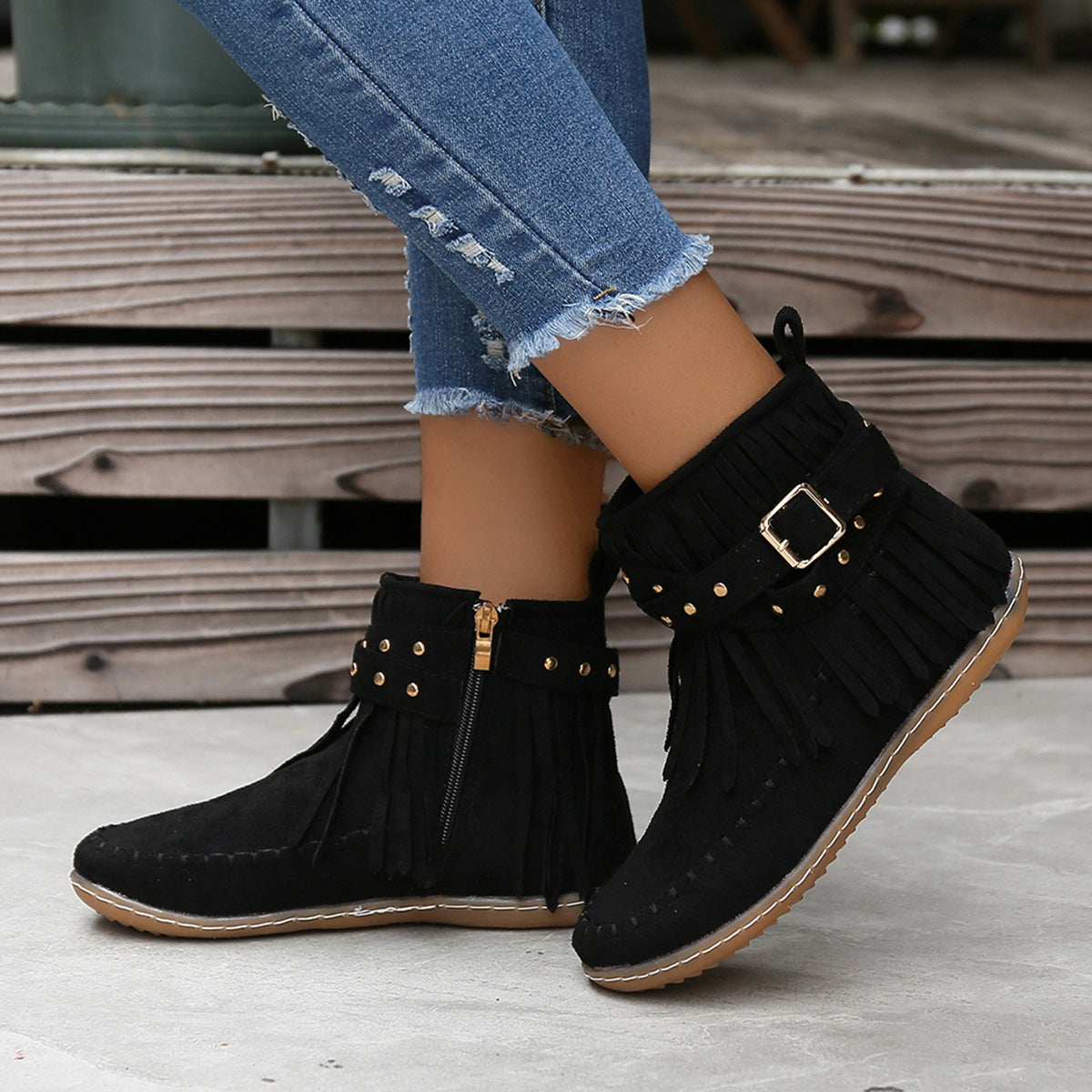 Women's Suede Ankle Boot – Fringe Trim Flat Heel
