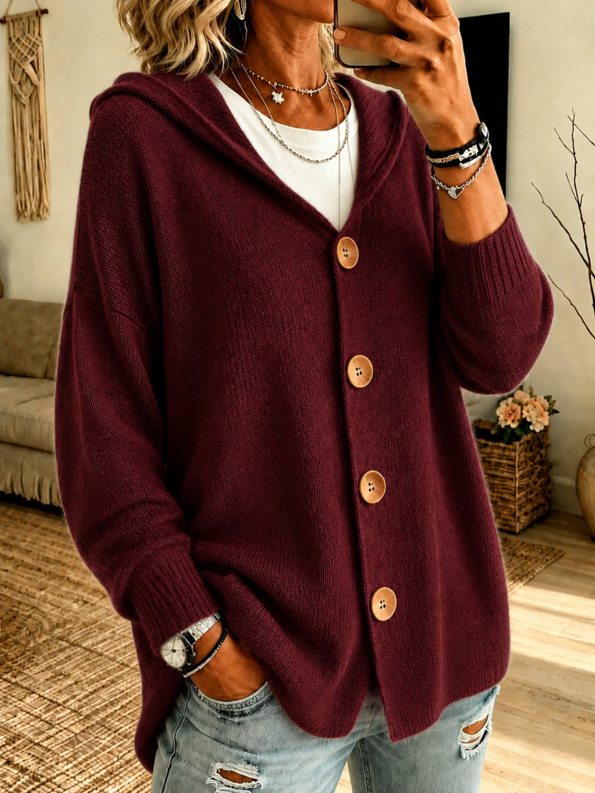 Women's Hooded Knit Jacket – Button-Front Relaxed Fit