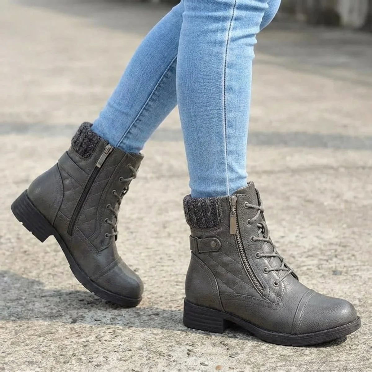 Women's Lace-Up Ankle Boots – Side Zip Block Heel