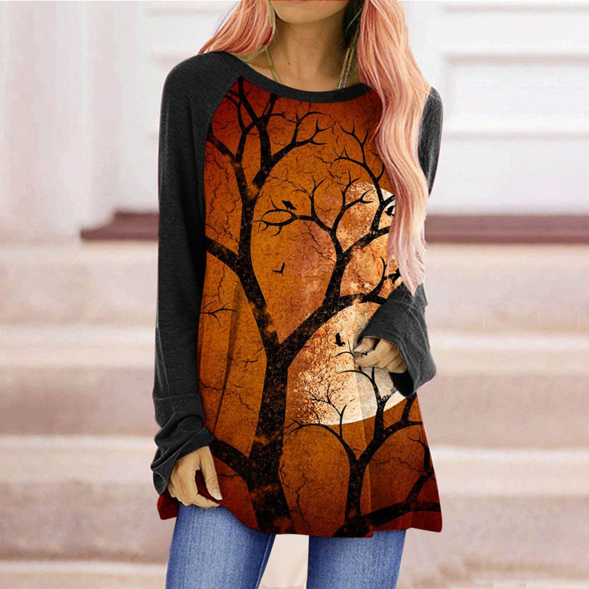 Women's Long Sleeve Top – Halloween Graphic Crew Neck