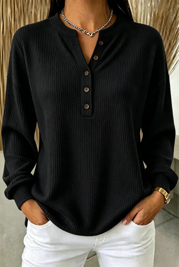 Women's Ribbed Henley Top – Relaxed Long Sleeve