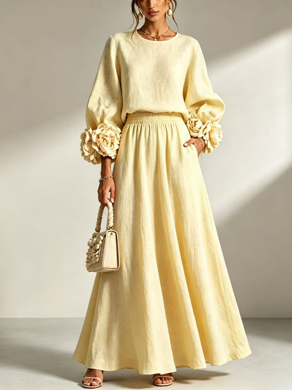 Women's Puff Sleeve Skirt Set – Rose Detail A-Line